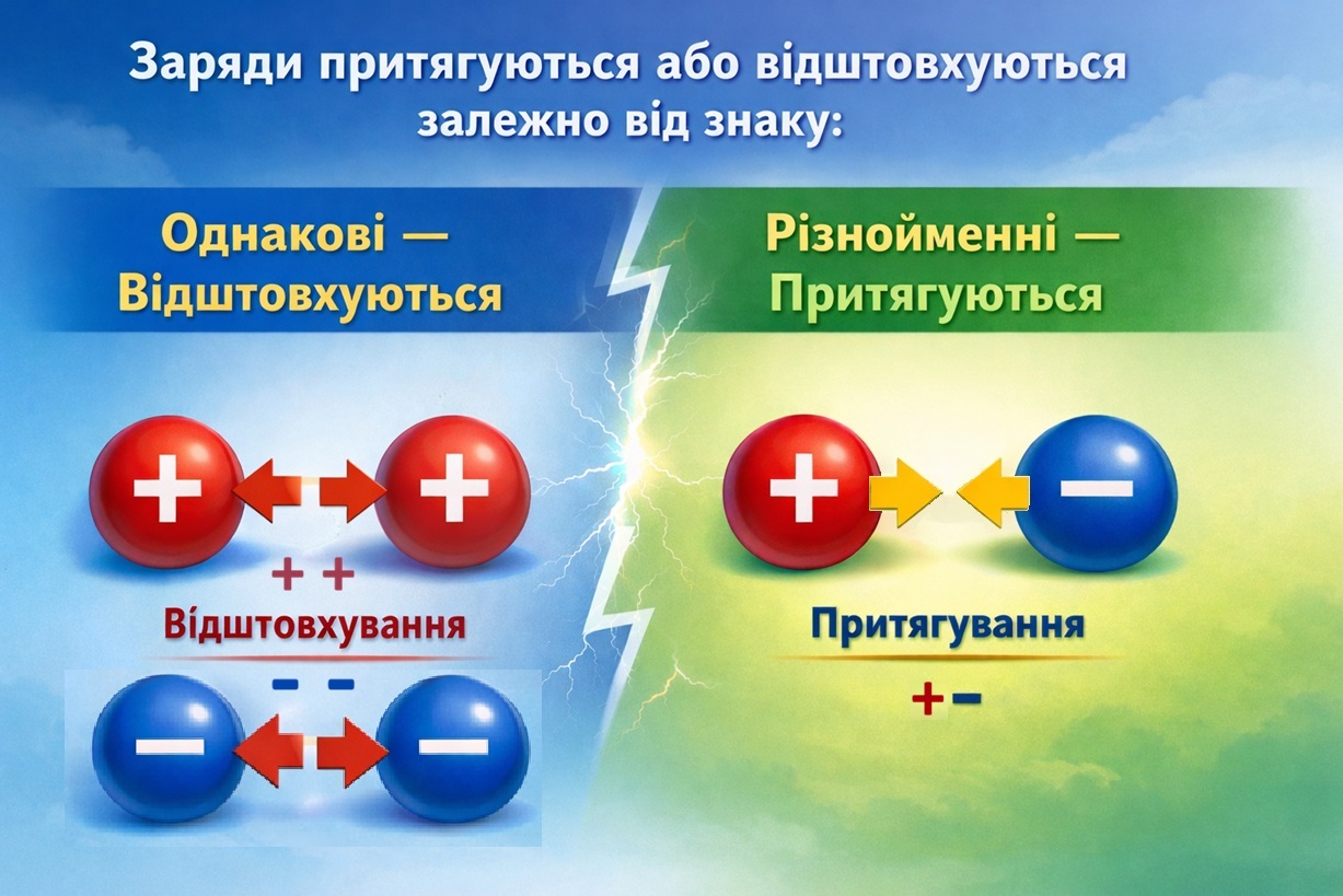 Заряди притягуються або відштовхуються
