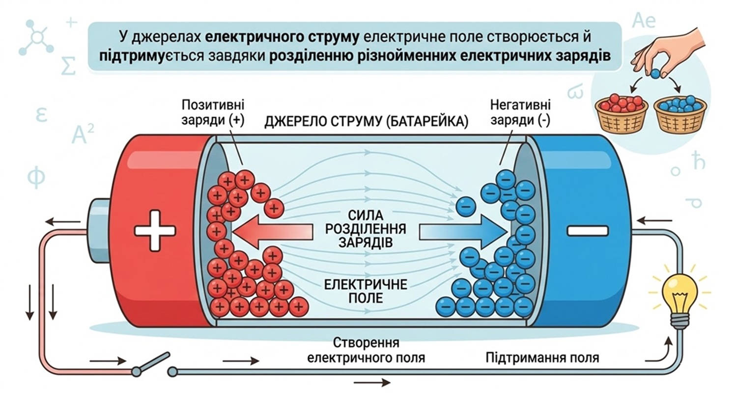 Малюнок: чоловічки розподіляюьб зараяди в середені джерела струму