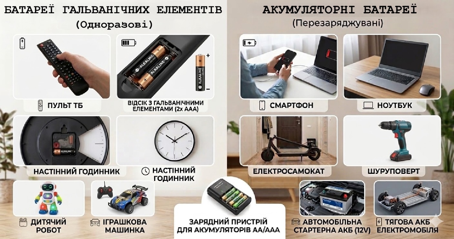 Батарея гальванічних елементів та акумуляторні батареї (види)
