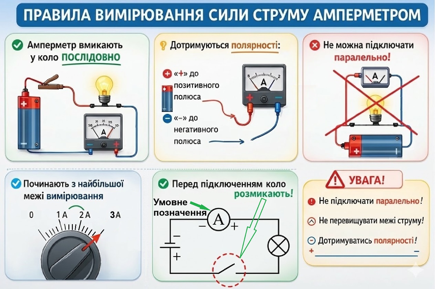 правила вимірювання сили струму амперметром